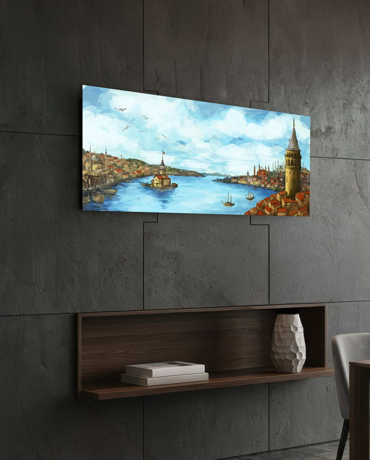 Old Istanbul Bosphorus panoramic glass wall art on a dark wall above a recessed wooden shelf