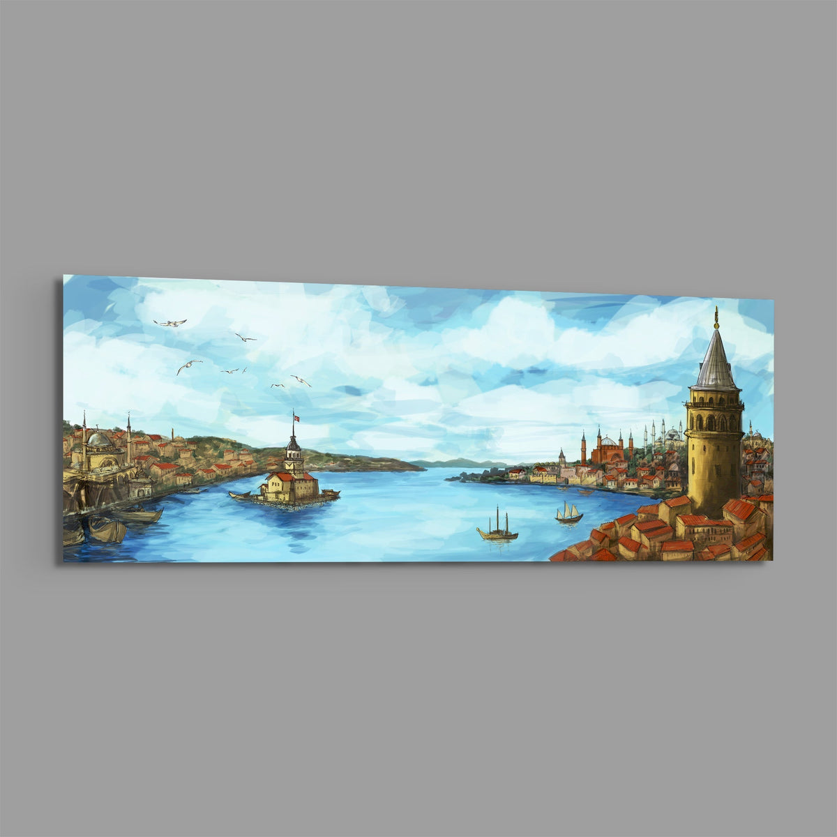 Old Istanbul Bosphorus panoramic glass wall art shown at an angle on a gray background