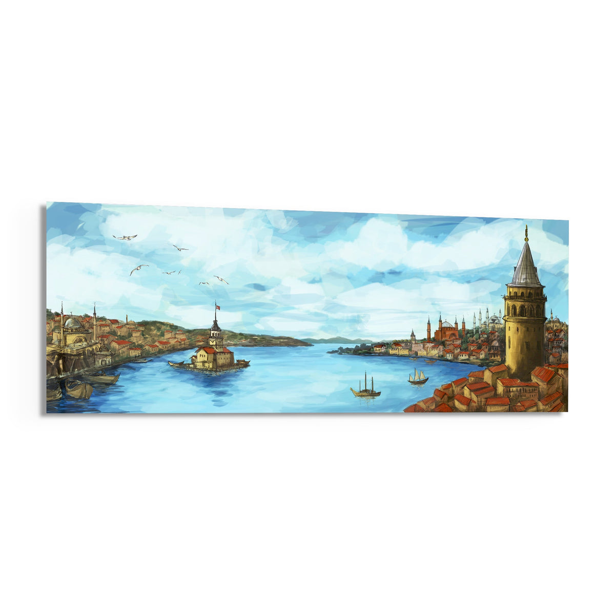 Old Istanbul Bosphorus panoramic glass wall art shown at an angle on a white background
