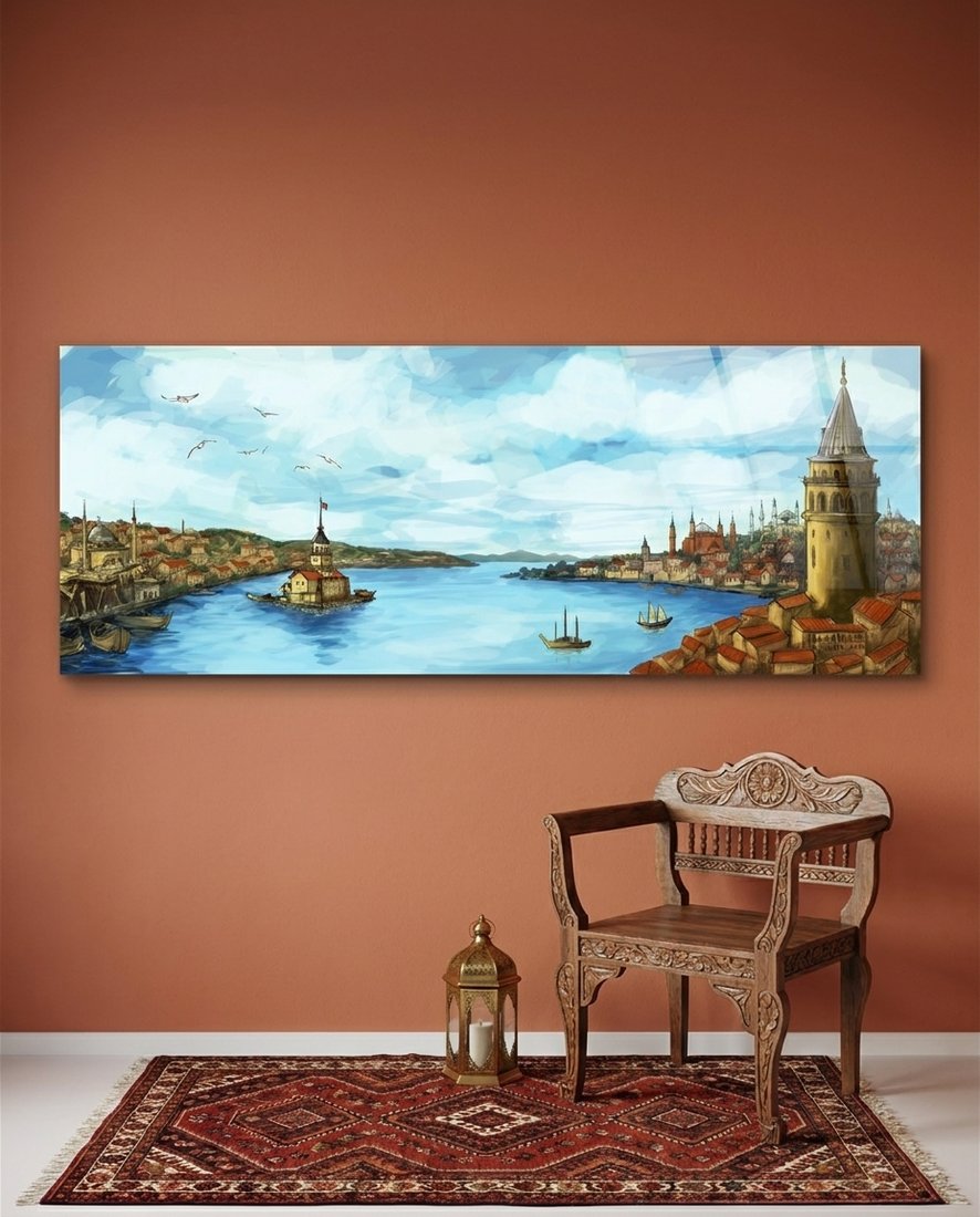 Illustrated old Istanbul over the Bosphorus with a stone tower, panoramic glass wall art above a carved chair