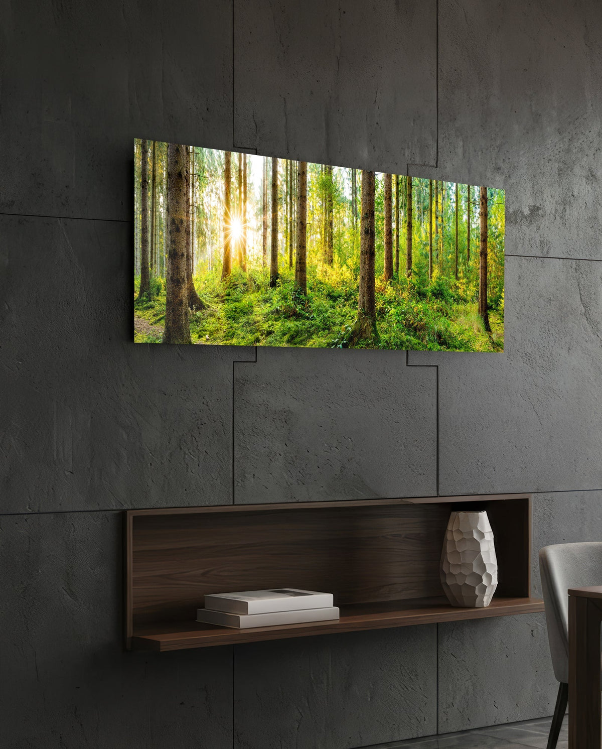 Sunlit mossy pine forest panoramic glass wall art above a floating wood shelf on a dark stone wall