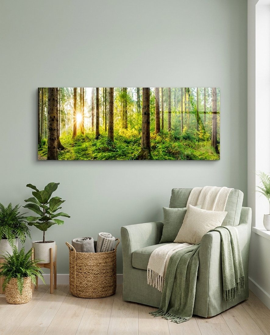 Sunlit pine forest panoramic glass wall art above a sage armchair beside potted plants and a basket