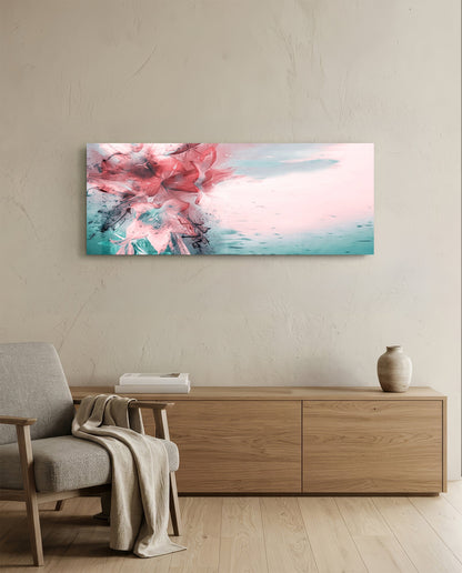 Coral and teal ink burst abstract glass wall art above a light oak sideboard beside a cream armchair