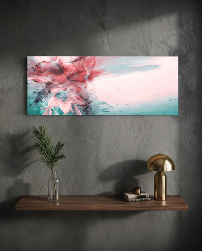 Coral and teal ink burst abstract glass wall art above a floating walnut shelf with a brass lamp