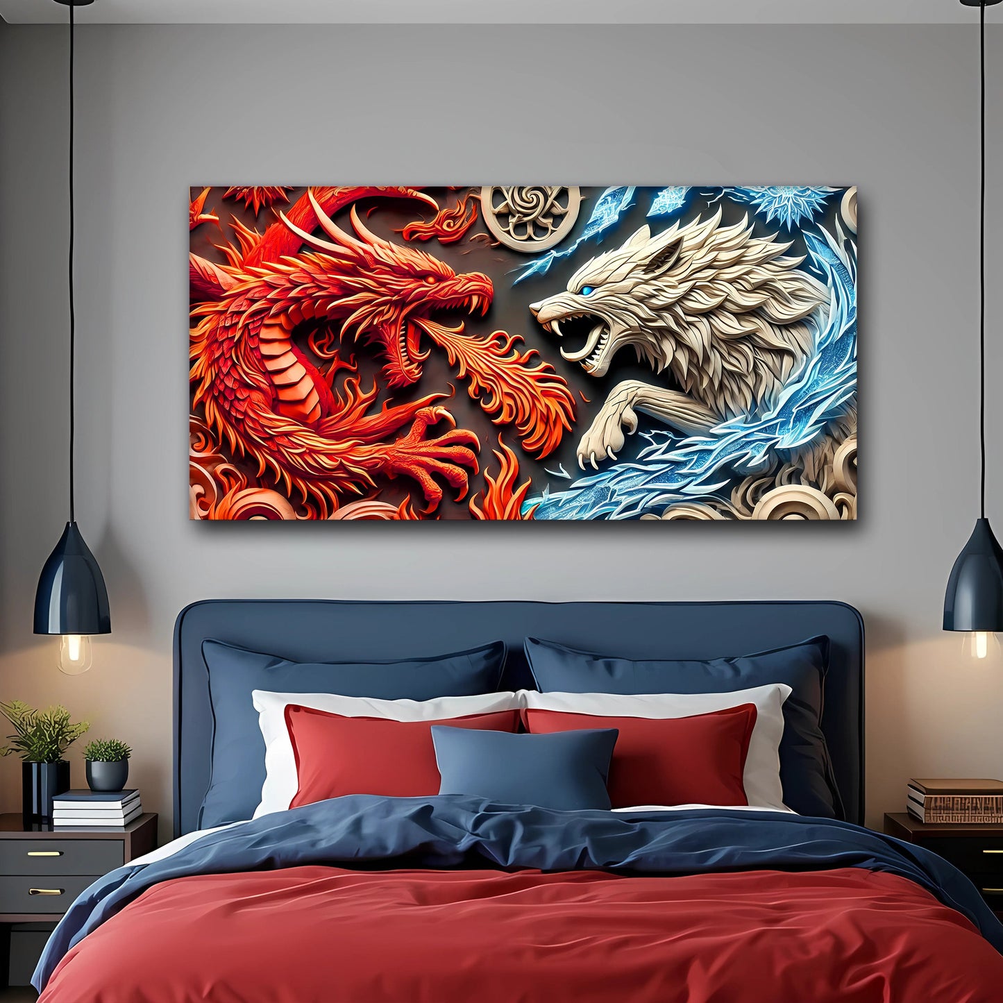 3D Dragon and Wolf Canvas Wall Art V