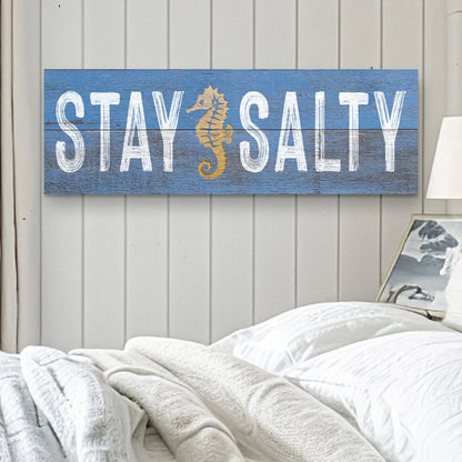 Stay Salty Gold Seahorse Blue Coastal canvas shown in a styled room setting, view 3