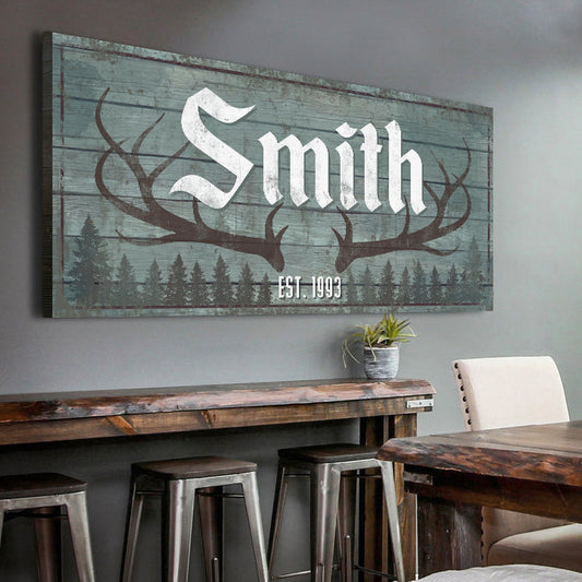 Rustic family antler canvas sign with personalized name and antler word art