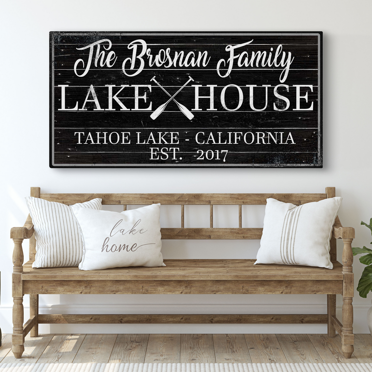 Family lake house paddle canvas sign with family name and crossed paddles in word art
