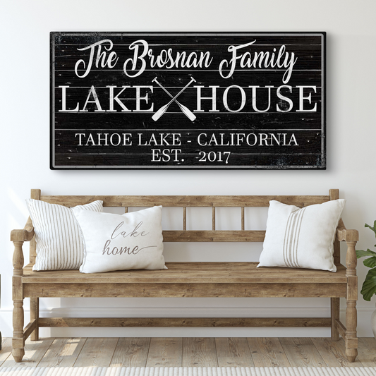 Family lake house paddle canvas sign with family name and crossed paddles in word art