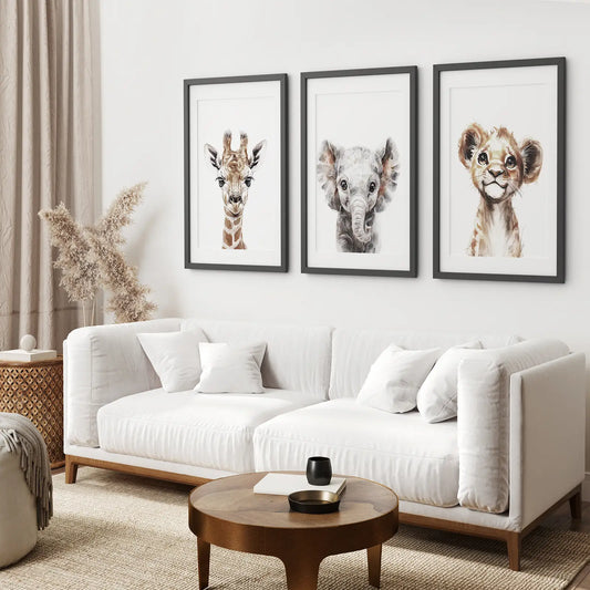 Watercolor Jungle Nursery Wall Art Set of 3 - Giraffe, Elephant, Lion Cub