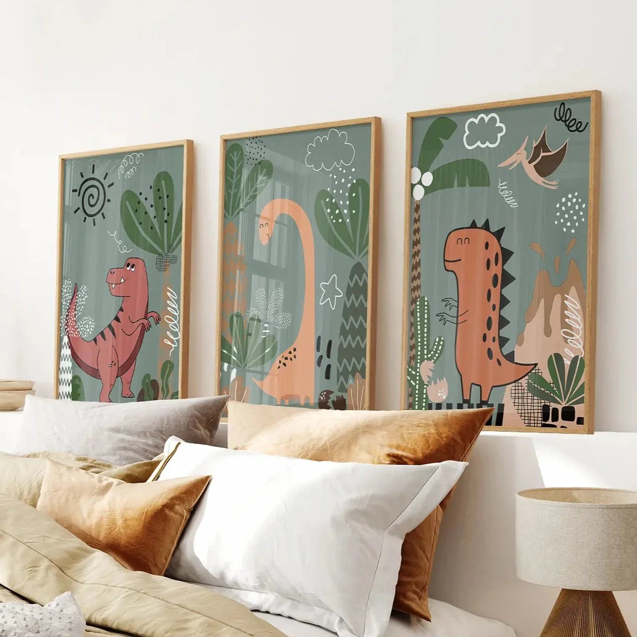 Green dinosaur nursery wall art set of 3 kids prints
