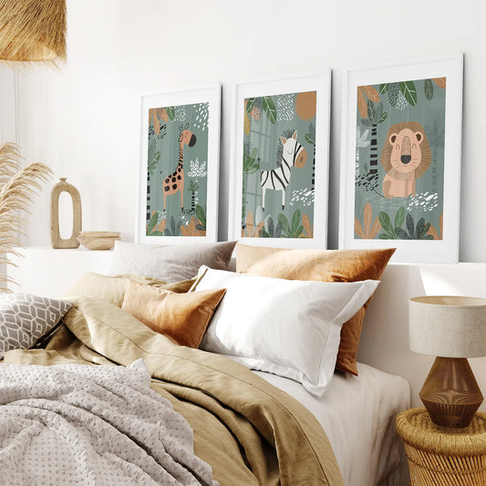 Safari Nursery Wall Art Set of 3 - Giraffe, Zebra, Lion