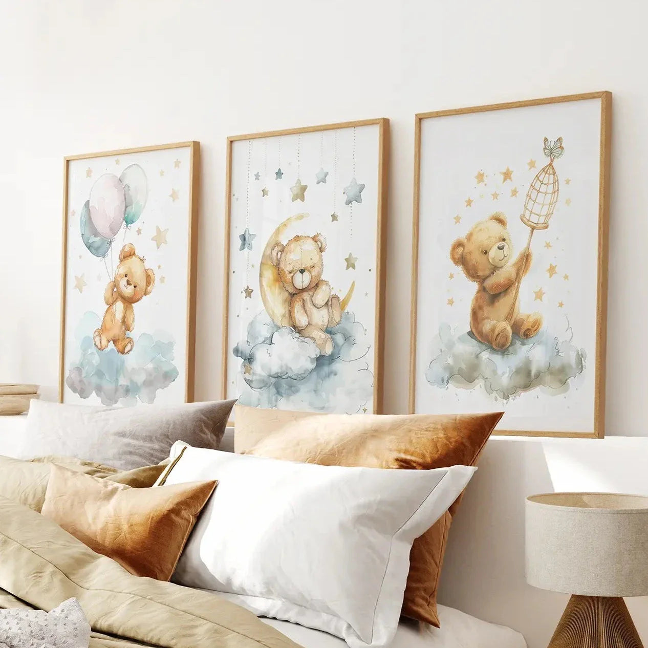 Teddy bear balloon wall art set of 3 nursery prints