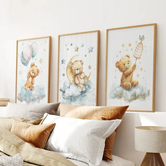 Teddy bear balloon wall art set of 3 nursery prints