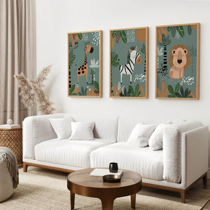 Safari Nursery Wall Art Set of 3 - Giraffe, Zebra, Lion
