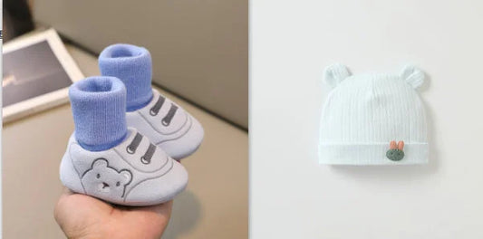 Baby cloth shoes with light blue socks, teddy bear embroidery, lightweight indoor footwear