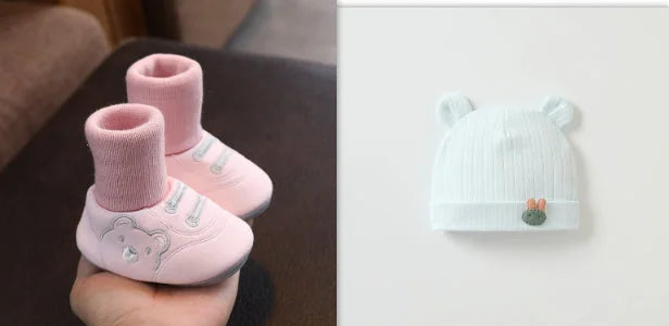 Baby cloth shoes with pastel pink socks, teddy bear embroidery, cozy toddler shoes