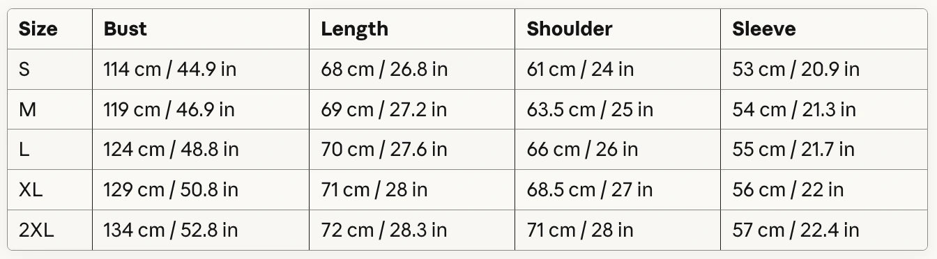 Balaclava zip hoodie size chart