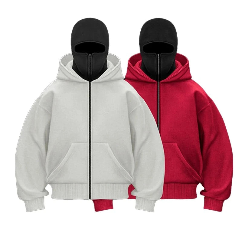 Balaclava zip hoodie with face mask in black white gray red colors