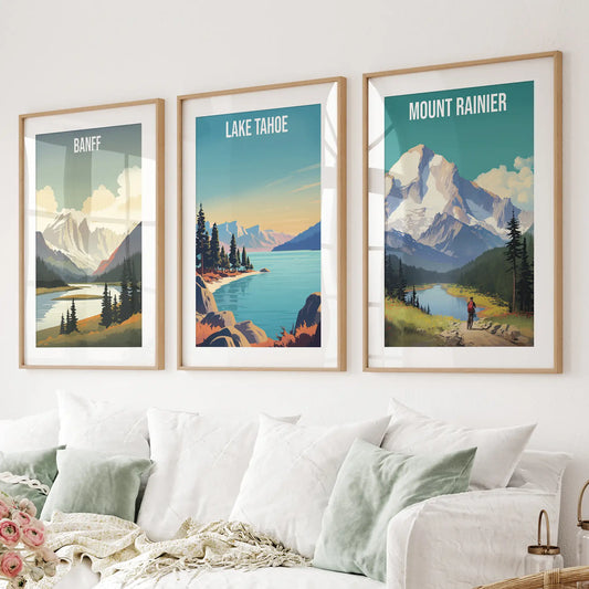 Travel Wall Art Set of 3 Banff Lake Tahoe Mount Rainier
