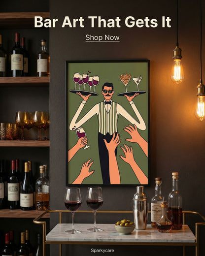 Bar-themed decor with a framed illustration of a bartender and cocktail glasses, surrounded by bottles and glasses.