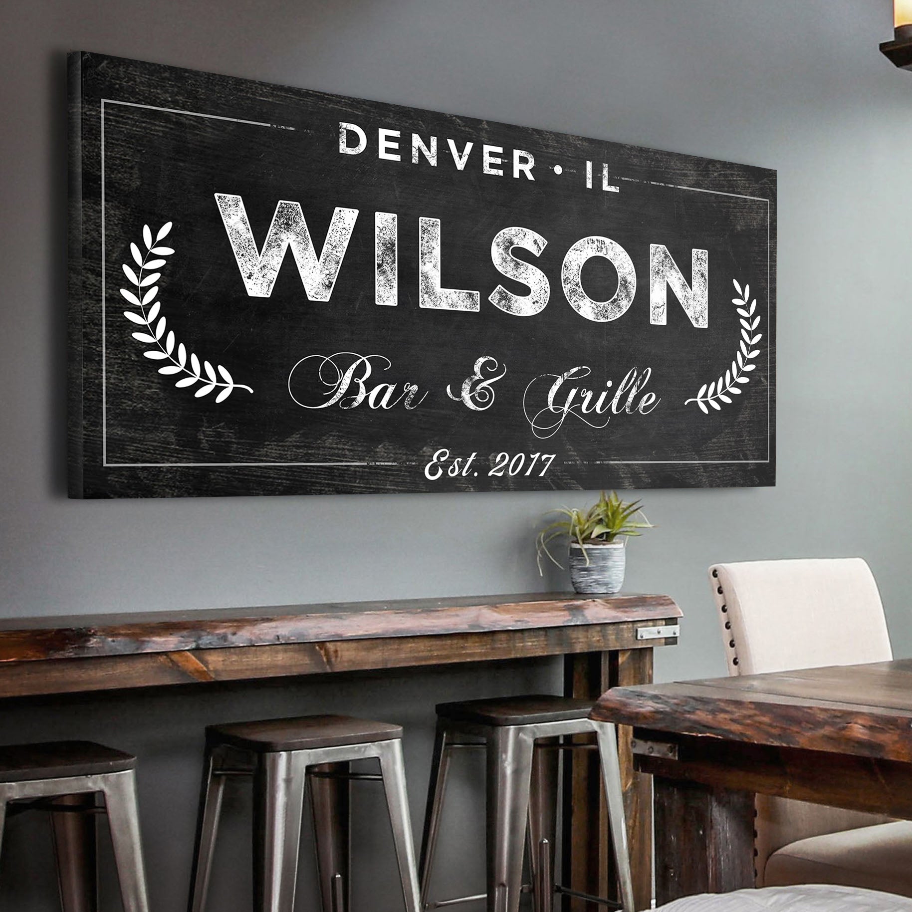 Bar and Grill canvas wall art in a home game room