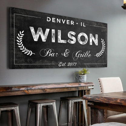 Bar and Grill canvas wall art in a home game room