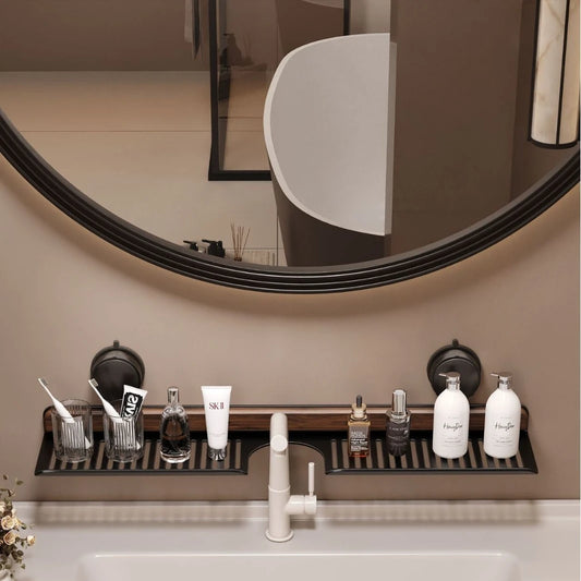 Bathroom faucet shelf with wood look trim above sink