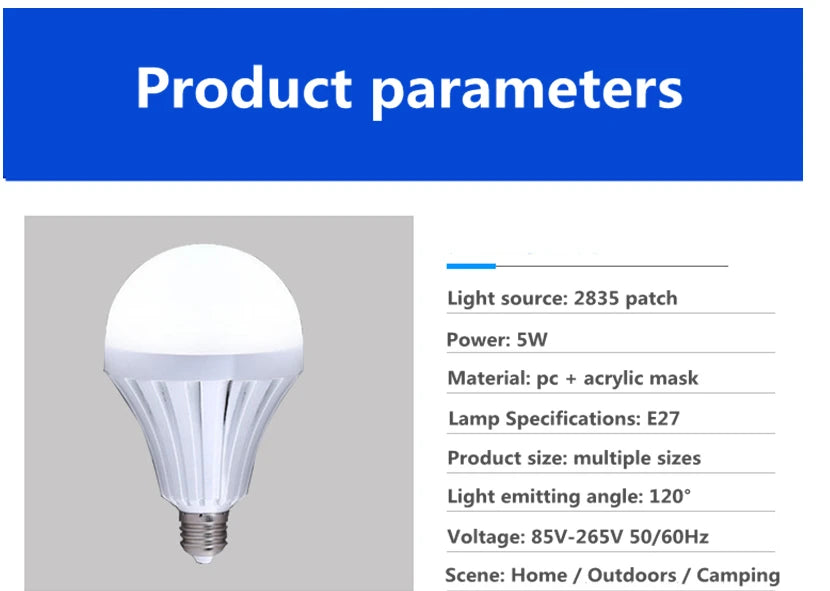 Battery backup light bulb for camping and home with product parameters on a gray background