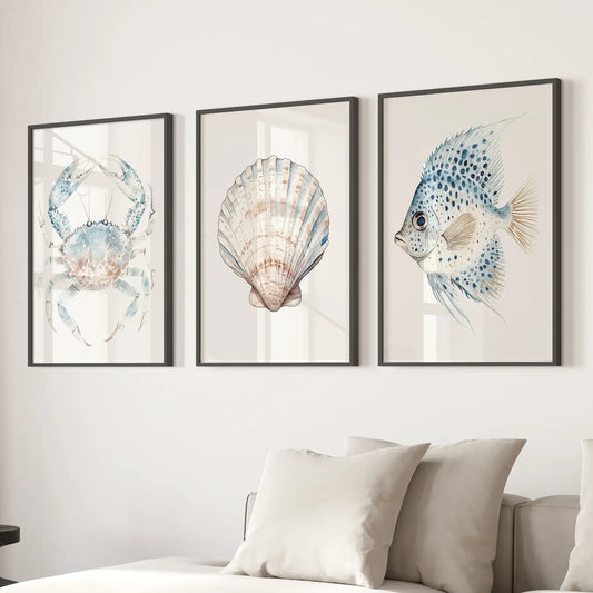 Watercolor Nautical Wall Art Set Crab Shell Fish