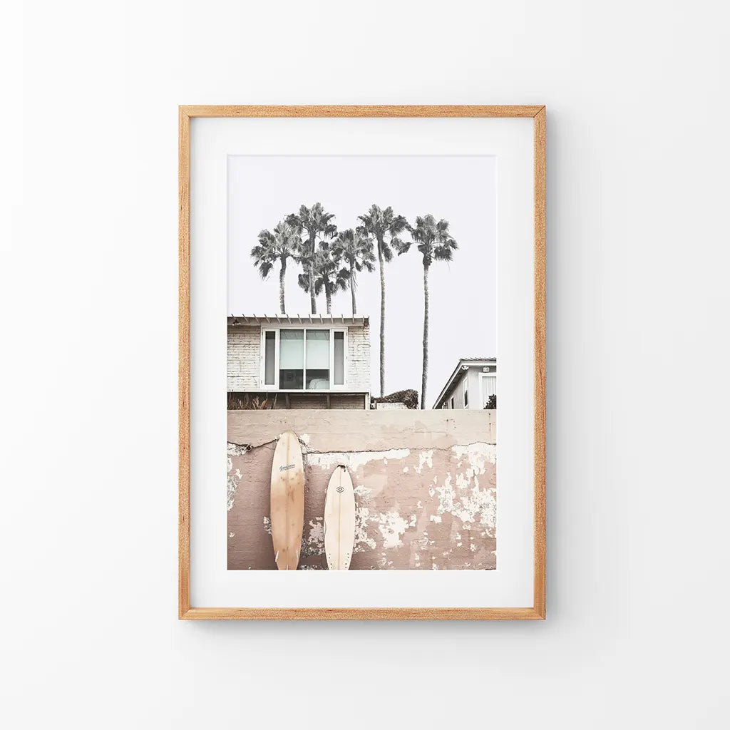 Coastal surfing lifestyle print with palm trees, beach cabin, and terracotta surfboards