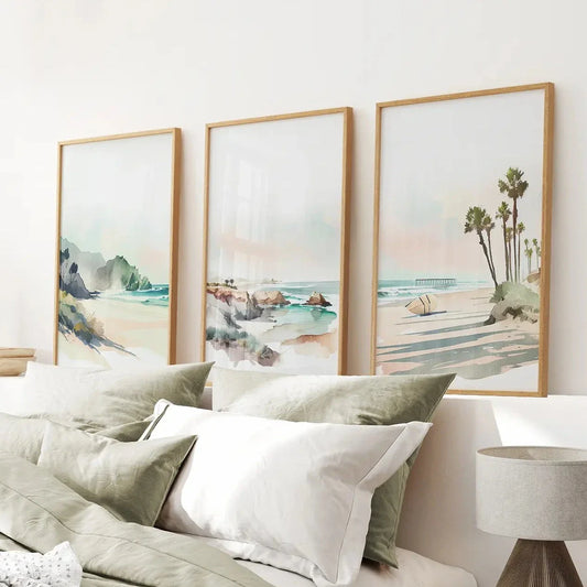 Tropical beach wall art set of 3 watercolor ocean prints