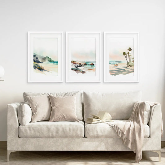 Tropical Beach Wall Art Set of 3 Watercolor Ocean Prints