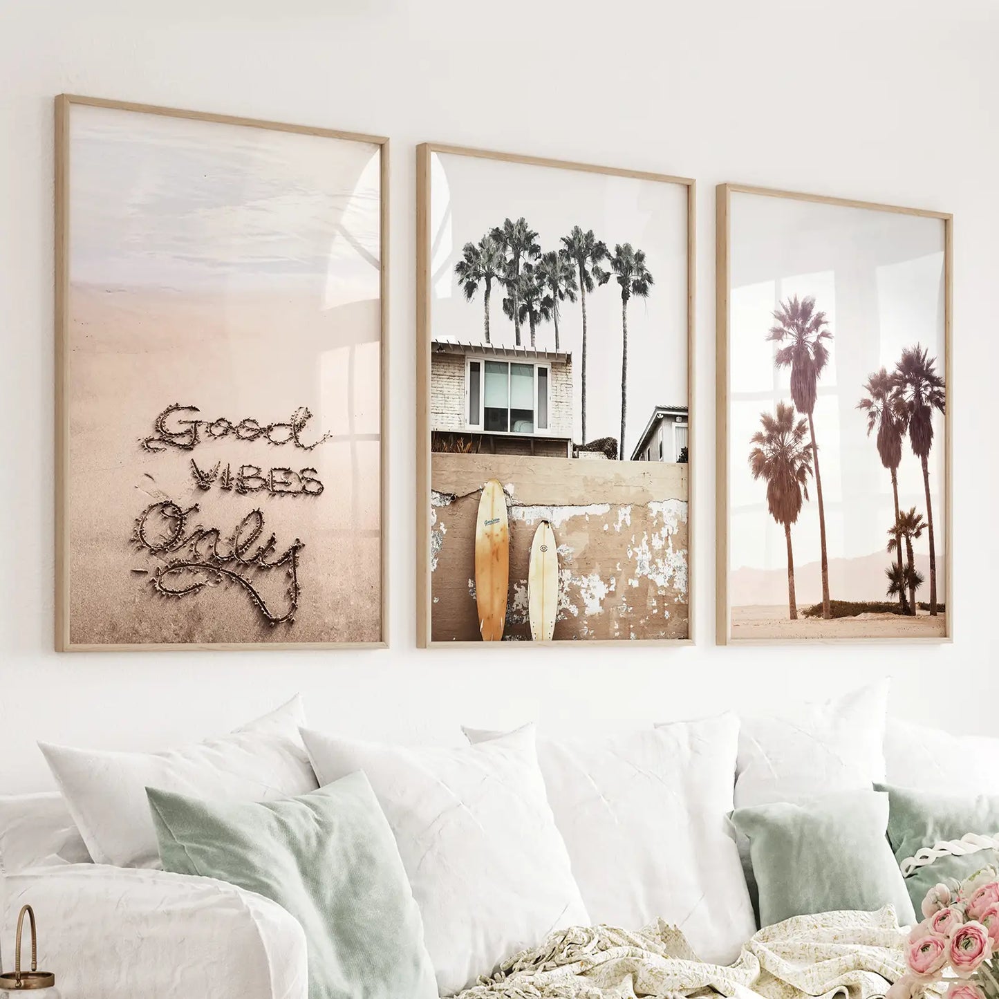 Set of 3 boho coastal wall art prints with palm trees and surf