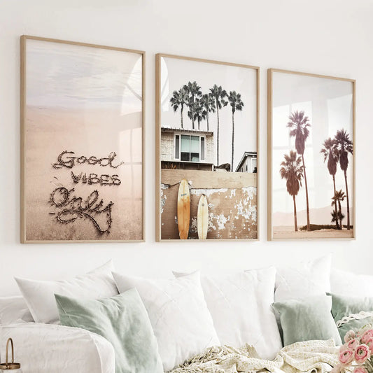 Set of 3 boho coastal wall art prints with palm trees and surf