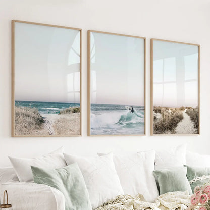 Ocean surf wall art set of 3 with blue waves and a sandy beach path