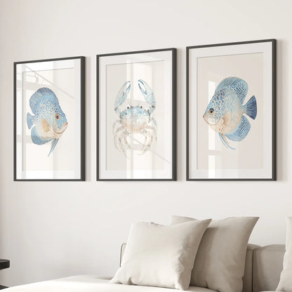 Coastal Ocean Life Wall Art Set of 3 - Fish and Blue Crab