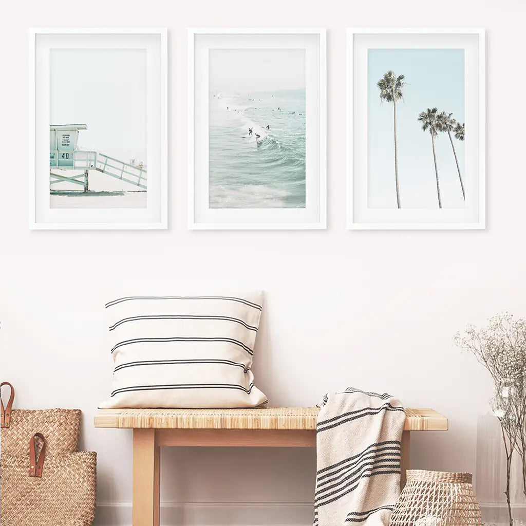 California Coastal Wall Art Set of 3. Lifeguard, Surfers