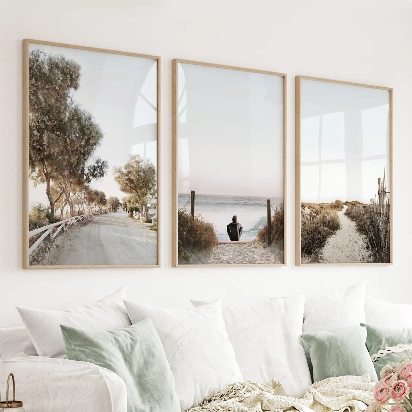 Set of 3 coastal prints with a surfer, ocean waves, and beach