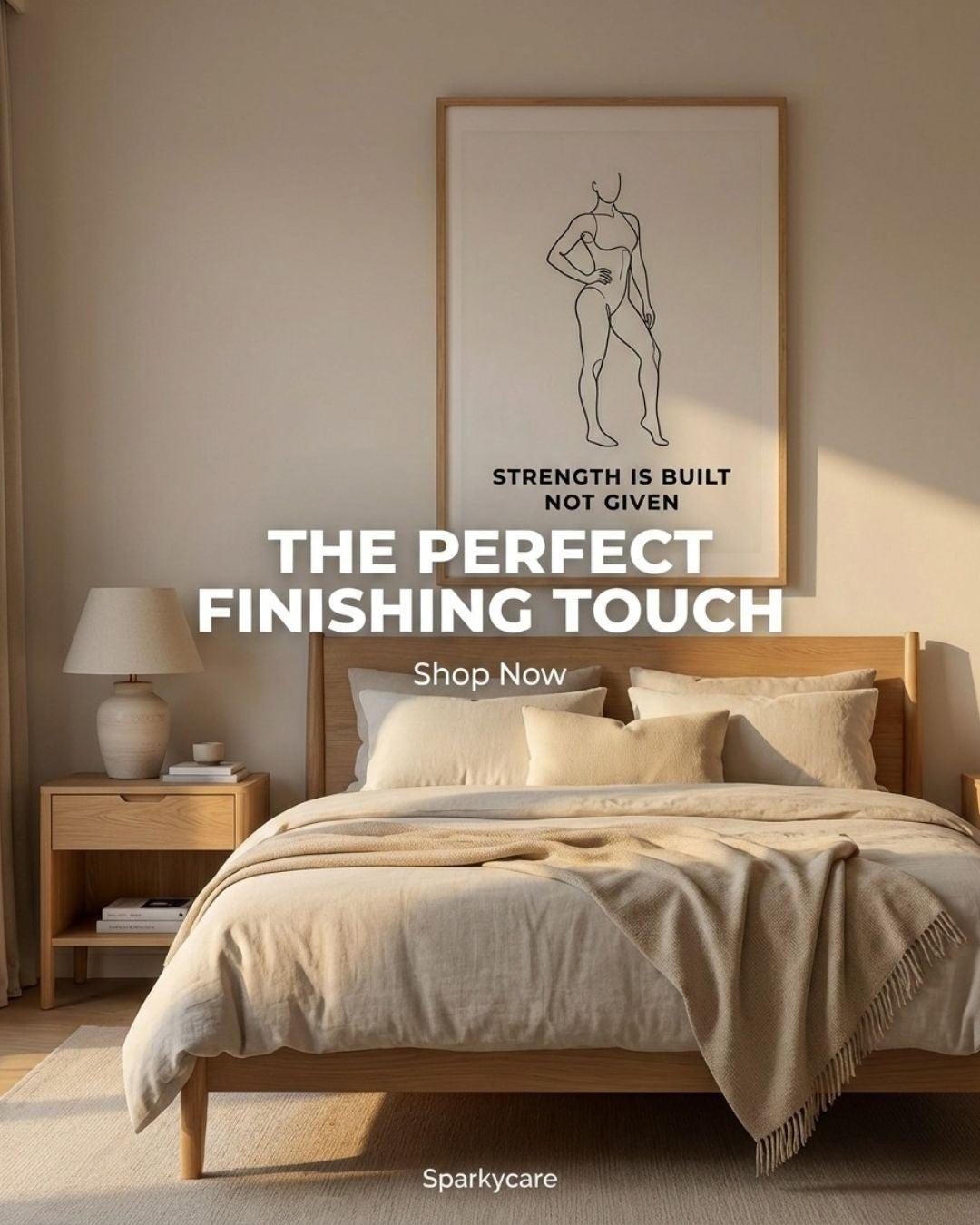 Bedroom with a motivational poster on the wall and 'Sparkycare' branding.