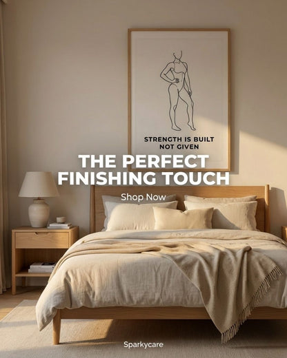 Bedroom with a motivational poster on the wall and 'Sparkycare' branding.