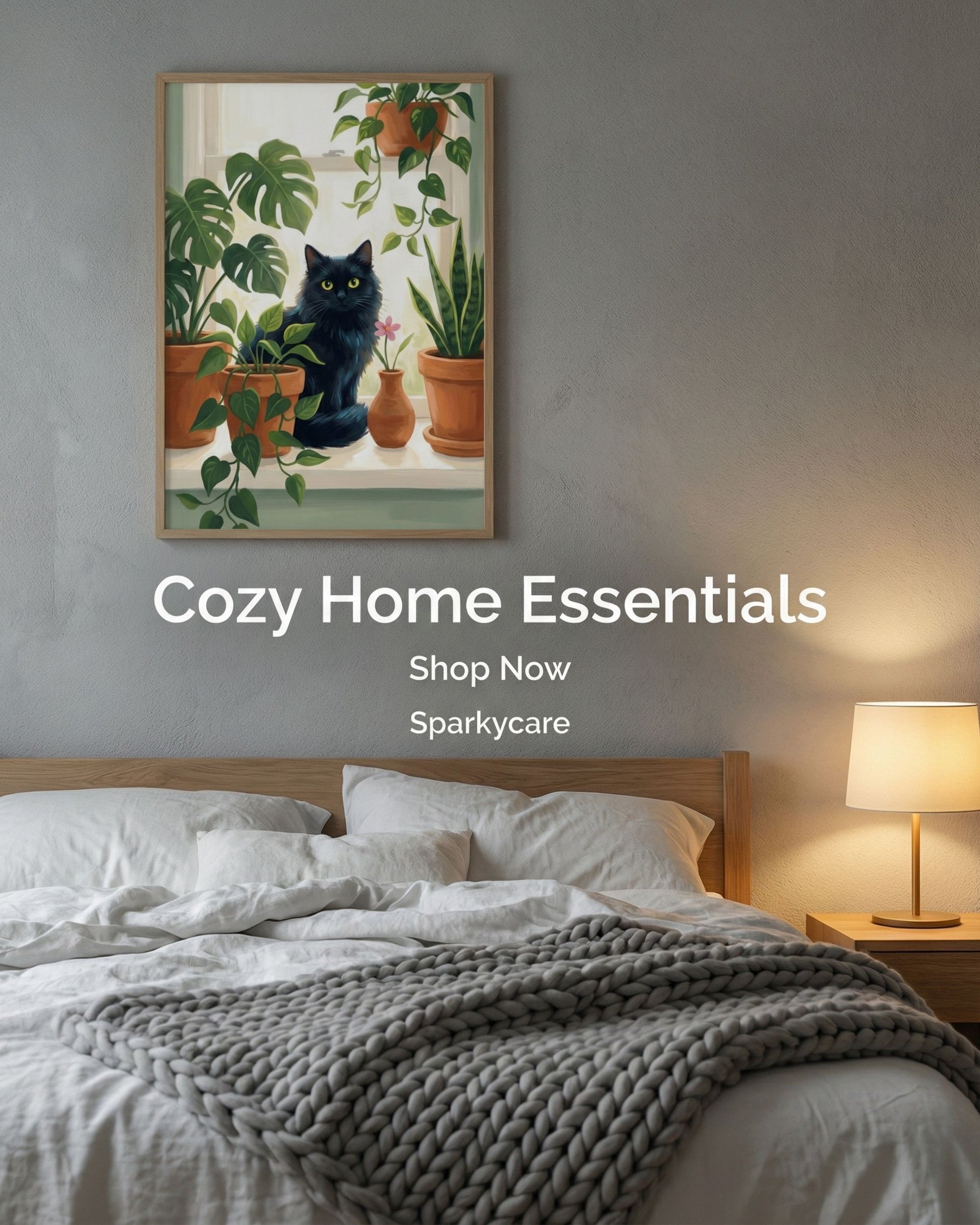 Bedroom with a painting of a cat and plants on the wall, featuring the text 'Cozy Home Essentials' and 'Shop Now Sparkycare'.
