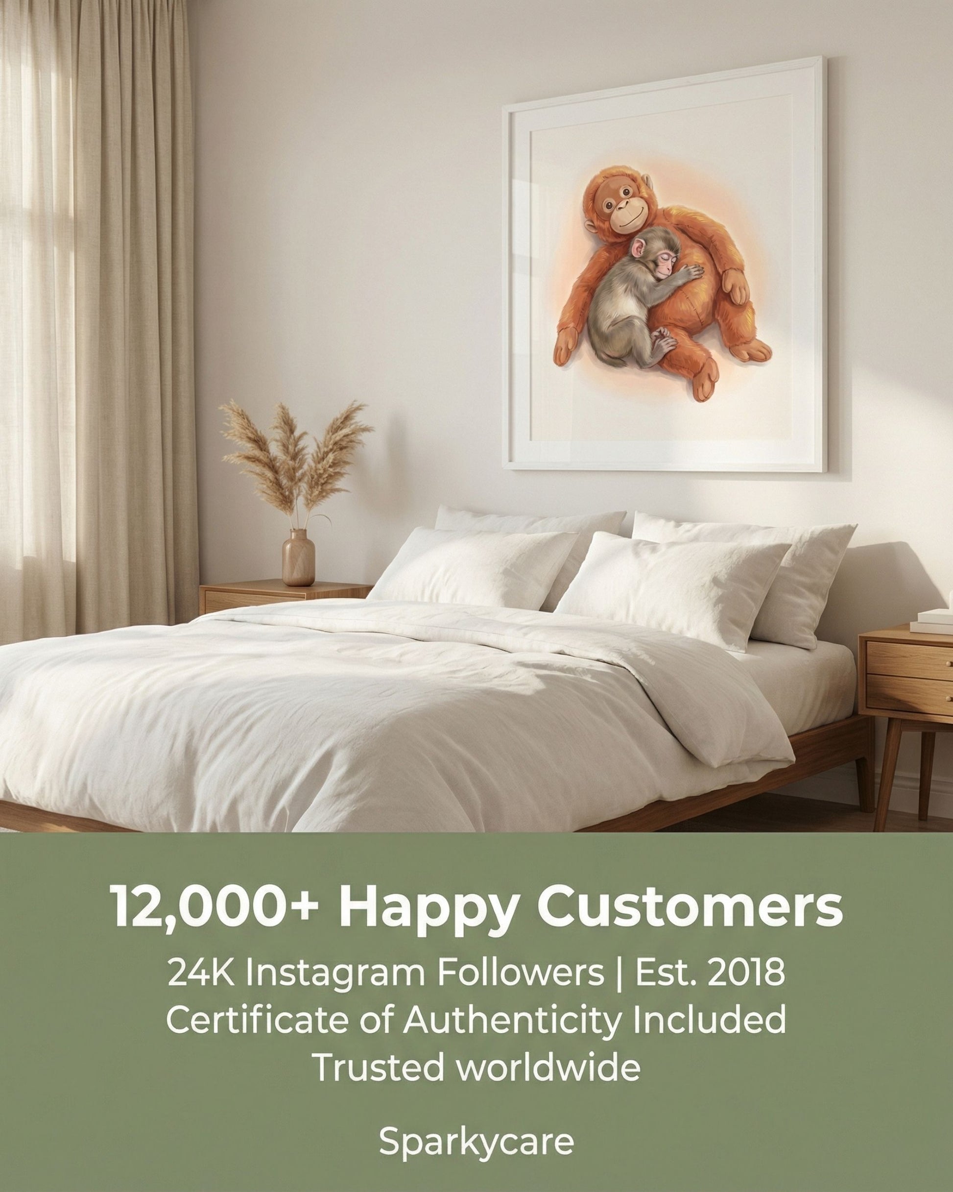 Bedroom with a painting of two monkeys on the wall, featuring Sparkycare branding and customer information.