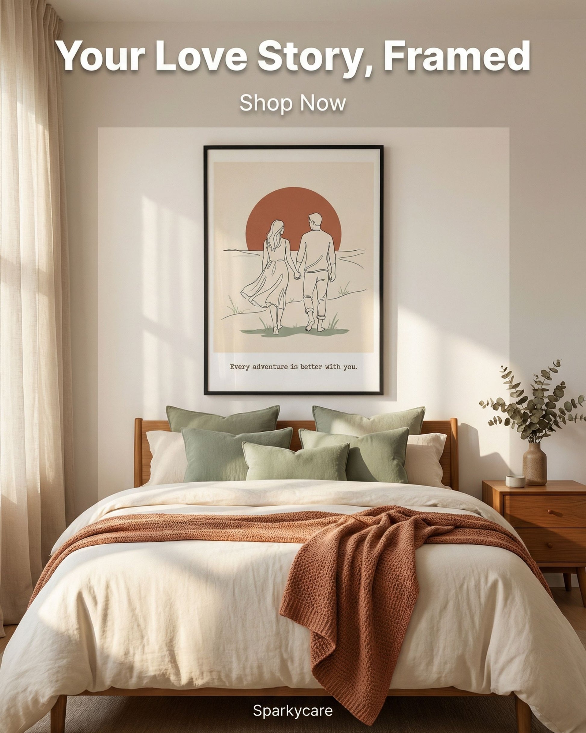 Bedroom with framed artwork of a couple holding hands, text 'Your Love Story, Framed' and 'Shop Now' by Sparkycare.