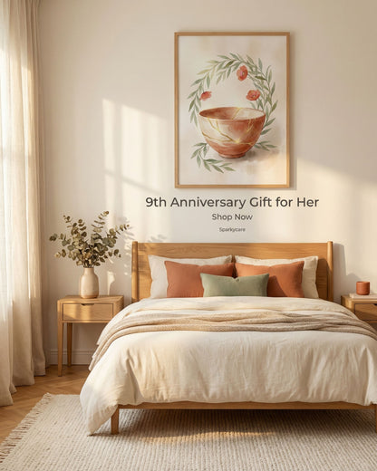 Bedroom with wooden bed, pillows, and a decorative wall art piece.