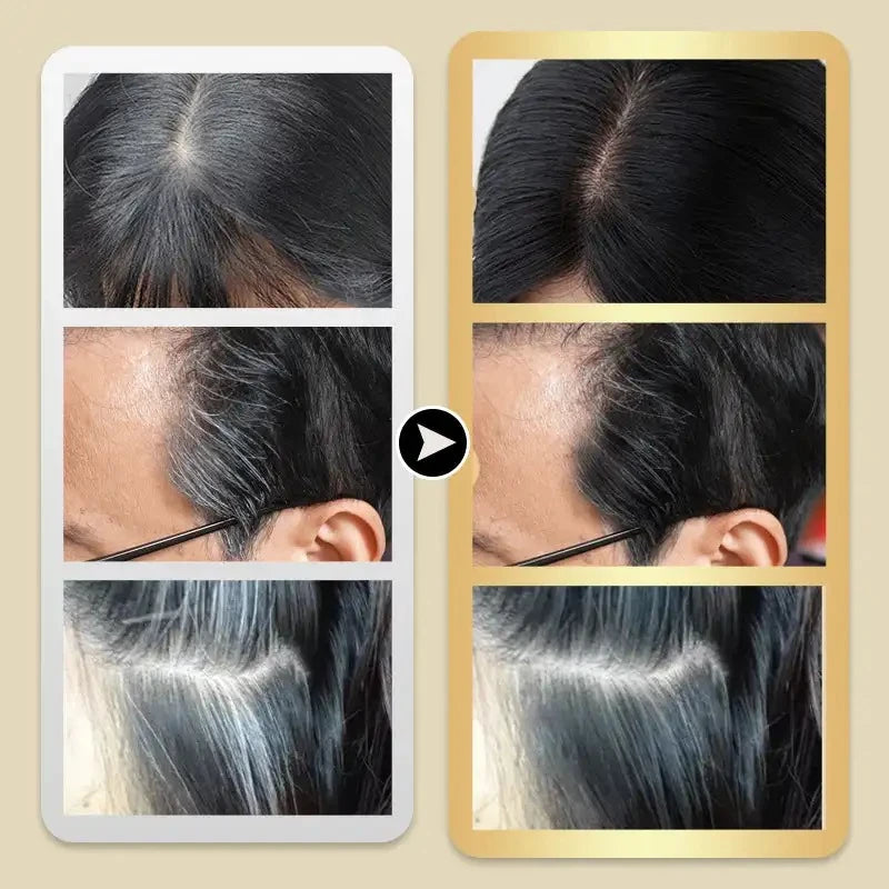 Before after comparison photos showing gray hair coverage results using instant hair dye comb tool