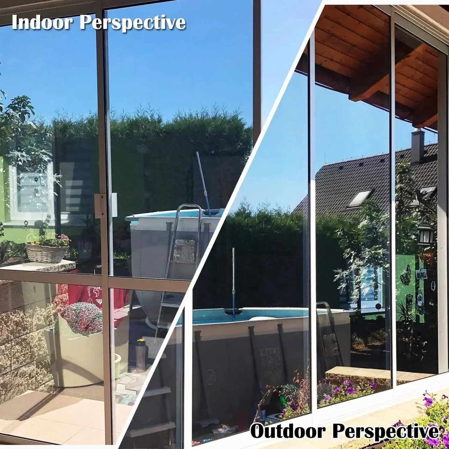 Before after window privacy using one way mirror film showing clear interior hidden exterior view