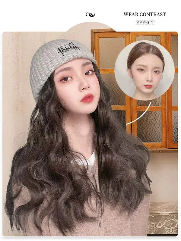 Before and after comparison showing face-framing effect of knit hat wig with long wavy hair extensions