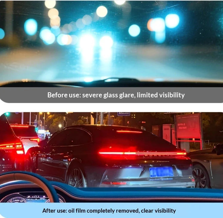Before and after night driving visibility comparison showing glass glare elimination and clear vision after oil film removal