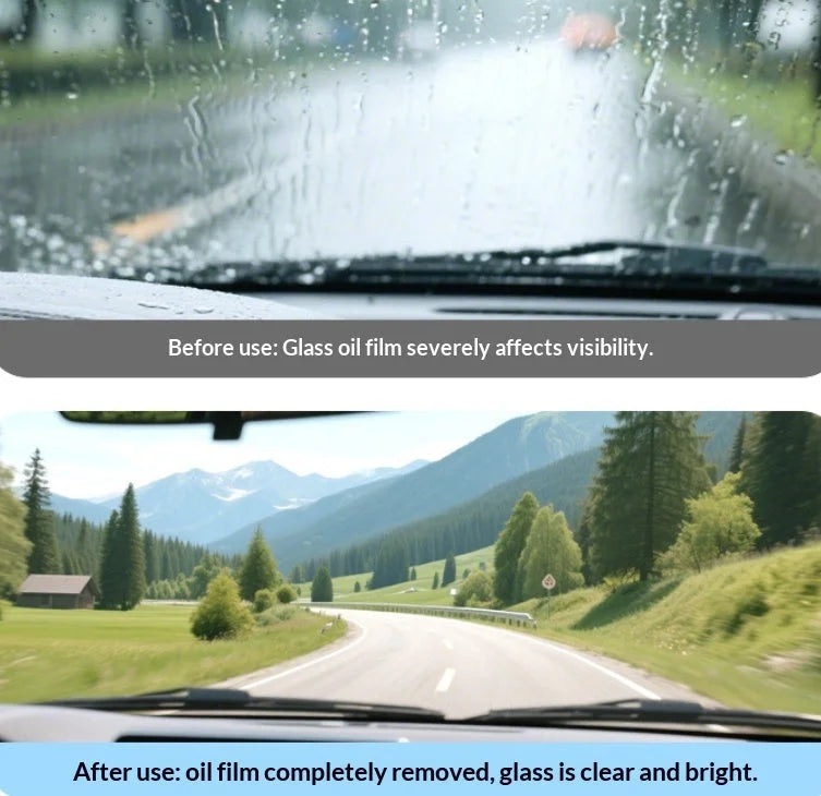 Before and after windshield oil film removal showing improved visibility from foggy rainy glass to crystal clear view